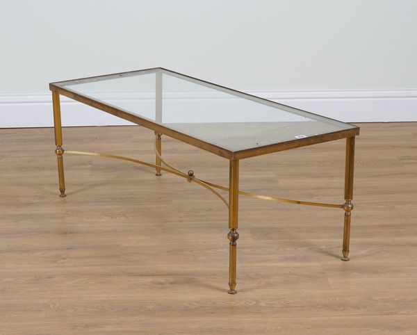 A 20TH CENTURY LACQUERED BRASS AND GLASS RECTANGULAR OCCASIONAL TABLE