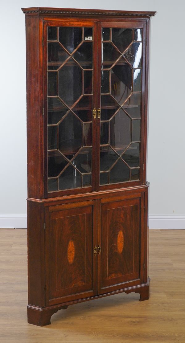 A GEORGE III INLAID MAHOGANY DOUBLE HEIGHT CORNER DISPLAY CABINET CUPBOARD