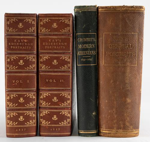 KAY, John (1742-1826, illustrator).  A Series of Original Portraits and Caricature Etchings, Edinburgh, 1837, 2 volumes, 4to, 358 etched portraits, later red morocco gilt. FIRST EDITION. With 2 other books. (4)