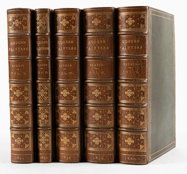 RUSKIN, John (1819-1900). Modern Painters, London, 1851-60, 5 volumes, large 8vo, 84 plates. FINELY BOUND in dark green crushed morocco gilt. Mixed Editions, but the last 3 vols. FIRST EDITIONS. (5)