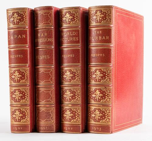 MENPES, Mortimer (1855-1938). Japan, London, [1901], 4to, 100 coloured plates. FINELY BOUND in scarlet morocco. ONE OF 600 "EDITION DE LUXE" COPIES SIGNED BY THE ARTIST. With 3 other signed limited editions by Menpes in near-uniform bindings. (4)