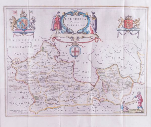 BLAEU, Joan (1596-1673).  Bercheria vernacule Barkshire, [Amsterdam, c. 1645]. Hand-coloured engraved map of Berkshire, 370 x 490mm., framed and glazed. With Emmanuel Bowen's Somerset ([London, c.1750], engraved map). (2)