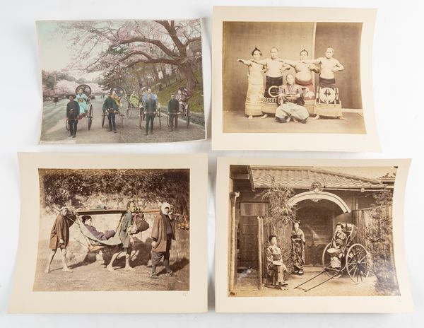 KOZABURO, Tamamura (1856-[?]1923, photographer). 16 original collotype photographs by Tamamura Kozaburo, tinted in colours, mounted on card, some captioned in the print, dimensions 196 x 250mm. With 7 related photographs and 7 other items. (30)