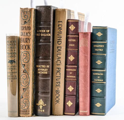 RACKHAM, Arthur (1867-1939, illustrator). Alice's Adventures in Wonderland, London, [1907], square 8vo, coloured frontispiece and 12 plates by Arthur Rackham, original green cloth gilt. First Trade Edition. With 6 other illustrated books. (7)