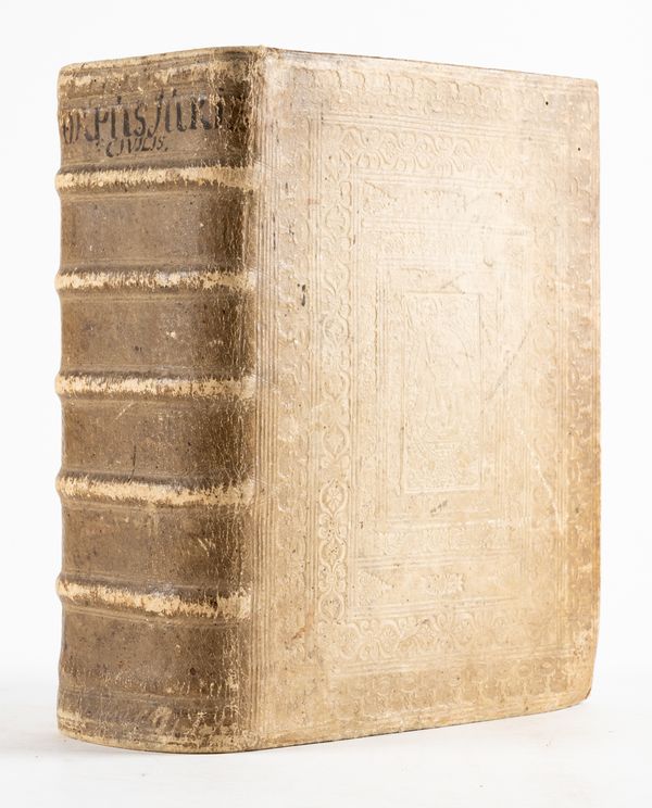 JUSTINIAN I (482-565) and Denis GODEFROY (1549-1622, editor). Corpus juris civilis Romani, Frankfurt, 1705, 4 parts in one vol., 4to, engraved portrait, contemporary elaborately blind-stamped vellum.