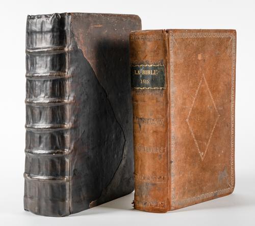 BIBLE, in French - La Sainte Bible, Lyon, 1564, 2 vols. bound in one, folio, woodcut illustrations, some full-page, initials, contemporary calf (with substantial modern repairs). With La Bible (Geneva, 1615). (2)