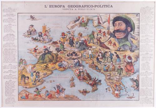 L' Europa Geografico-Politica Veduta a Vola d' Oca, [Bologna, c. 1871], coloured lithographed political map, 465 x 665mm., framed and glazed. RARE.
