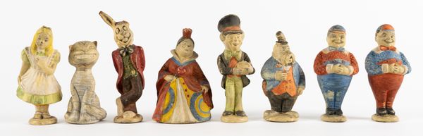 FIGURES FROM "ALICE'S ADVENTURES IN WONDERLAND" AND "THROUGH THE LOOKING-GLASS" - A collection of 8 hand-coloured resin character figures, [?]late 19th-century, [without maker's mark], average height 110mm. RARE. (8)