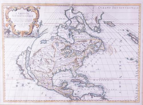 DE ROSSI, Giovanni Giacomo (1627-91), Nicolas SANSON (1600-67) and Guillaume SANSON (1633-1703). L' America Settentrionale, Rome, 1687, hand-coloured engraved map, 385 x 530mm., framed and glazed.