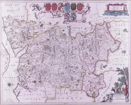 JANSSON, Jan (1588-1664). Hantoniæ comitatus, cum Bercheria, [Amsterdam, c.1676]. Hand-coloured engraved map of Hampshire and Berkshire, 438 x 550mm., framed and glazed.