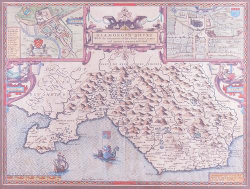 SPEED, John (c.1551-1629). Glamorgan Shyre, [London], 1610 [but 1611 or later], hand-coloured engraved map of Glamorganshire, 385 x 510mm., framed and glazed.