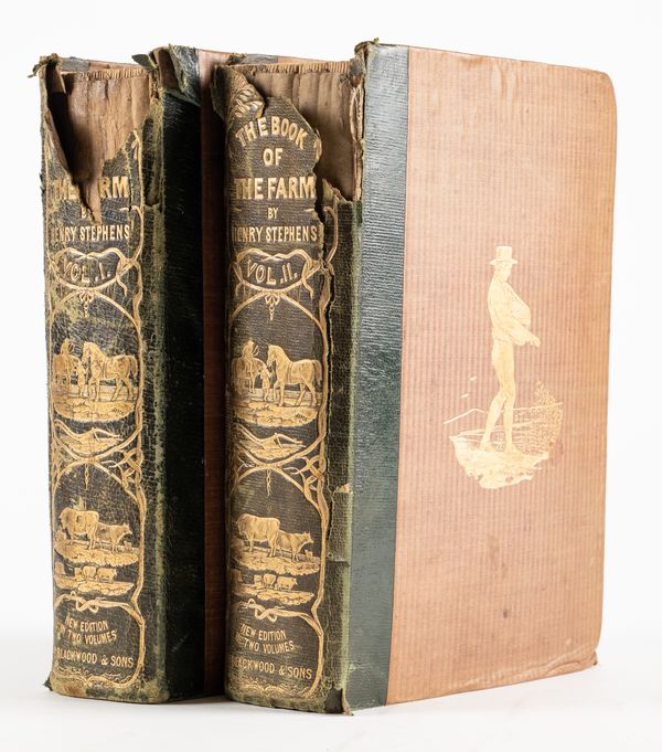 STEPHENS, Henry (1795-1874). The Book of the Farm, London, 1855, 2 vols., large 8vo, 14 engraved plates, illustrations, original pictorial roan-backed cloth boards (spines worn). Second edition, eighth thousand. (2)