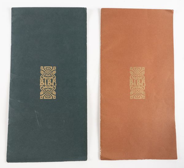 BIBA [Catalogue] - [London: May 1969], tall slim folio, tinted photographs by Helmut Newton, the catalogue design by John McConnell, original dark green wrappers, original mail order form loosely-inserted. With another BIBA catalogue. RARE. (2)