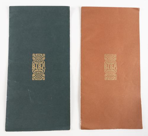 BIBA [Catalogue] - [London: May 1969], tall slim folio, tinted photographs by Helmut Newton, the catalogue design by John McConnell, original dark green wrappers, original mail order form loosely-inserted. With another BIBA catalogue. RARE. (2)