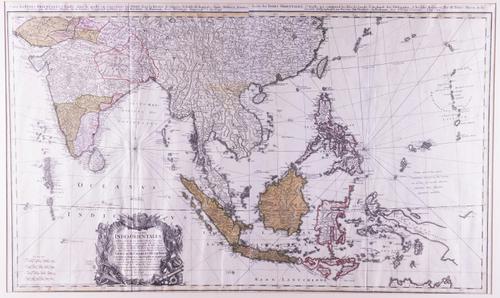HOMANN HEIRS. Carte des Indes Orientales, [Nuremberg:], 1748, large hand-coloured engraved map on 2 sheets, joined 520 x 855mm., framed and glazed.
