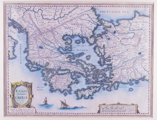SPEED, John (c.1551-1629). Greece, [London:] George Humble, 1626, hand-coloured engraved map of ancient Greece, 400 x 510mm., framed and glazed.