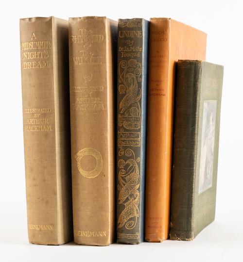 RACKHAM, Arthur (1867-1939, illustrator). A Midsummer-Night's Dream, London, 1908, 4to, 40 mounted coloured plates ([?]lacks contents leaves and list of plates), original cloth. First trade edition. With 4 other books illustrated by Rackham. (5)