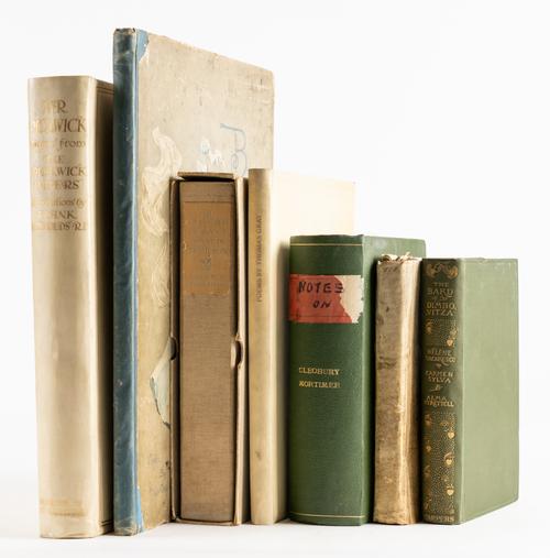 REYNOLDS, Frank (1876-1953, illustrator). Mr Pickwick, London, [1910], 4to, 25 mounted coloured plates by Frank Reynolds, original pictorial vellum gilt (lacks ties). NUMBER 61 OF 350 COPIES SIGNED BY THE ARTIST. With 6 other very miscellaneous books. (7)