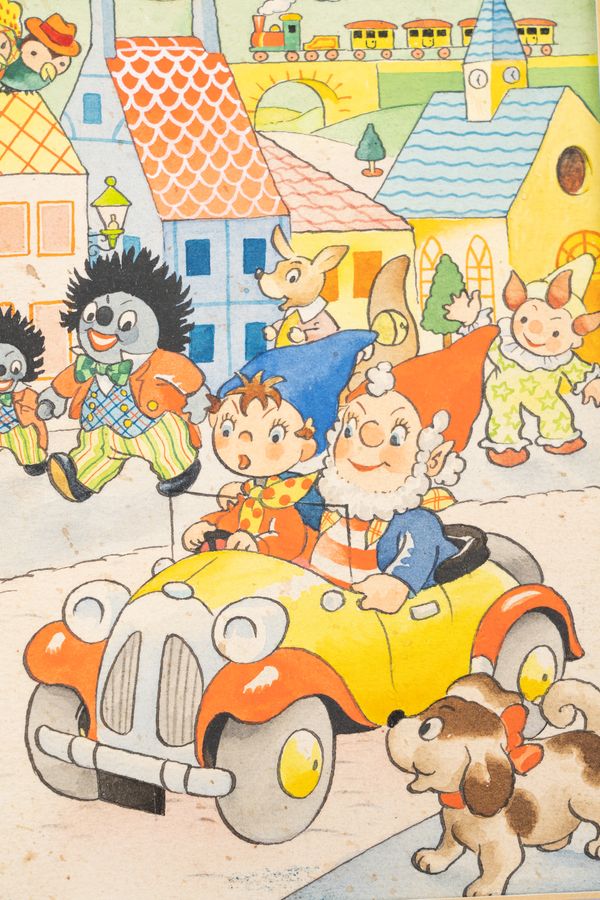VAN DER BEEK, Harmsen (1897-1953).  "Noddy Drives Away" [title in pencil on verso]. Original pen-and-ink and watercolour illustration of Noddy and Big Ears driving through Toytown, in window mount,  image size 165 x 115mm.