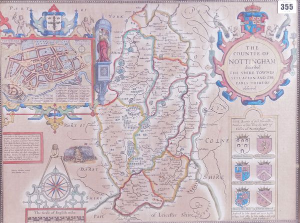 SPEED, John (c.1551-1629). The Countie of Nottingham described, London, 1610 [but 1611 or later], hand-coloured engraved map of Nottinghamshire (browned), 385 x 510mm., framed and glazed.
