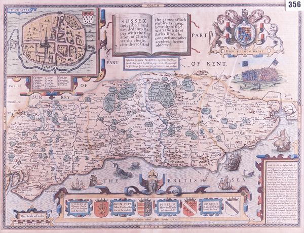 SPEED, John (c.1551-1629). Sussex Described, London, 1610 [but 1611 or later], hand-coloured engraved map of Sussex, 384 x 505mm., framed and glazed.