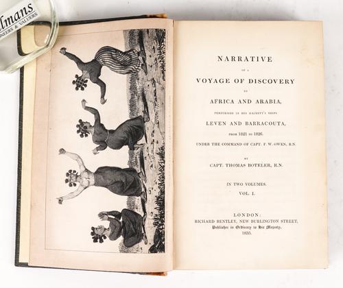 BOTELER, Thomas (1797-1929). Narrative of a Voyage of Discovery to Africa and Arabia, Performed in His Majesty's Ships Leven and Barracouta, from 1821 to 1826, London, 1835, 2 vols, 8vo, 4 lithographed plates, modern calf-backed boards. FIRST EDITION. (2)