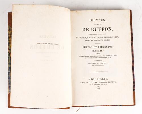 BUFFON, Georges-Louis Marie Leclerc, Comte de (1757-1840). Oeuvres Complètes, Brussels, 1828-33, 20 volumes, large 8vo, 2 lithographed portraits, 2 maps, one table, 735 lithographed plates, many hand-coloured (one lacking), 19th-century calf gilt. (20)