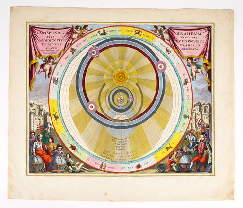 [CELLARIUS, Andreas (1596-1665)]. Planisphærium Braheum sive structura mundi totius, ex hypothesi Tychonis Brahei in plano delineata, Amsterdam: "Gerardum Valk et Petrum Schenk", [1708], fine hand-coloured engraved hemispherical star chart, 420 x 515mm.