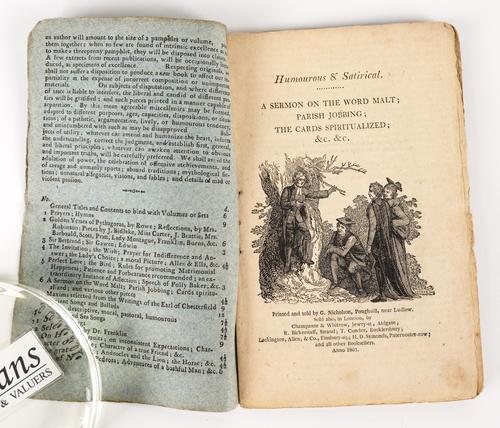 CHAPBOOKS - Literary Miscellany: containing Humourous Pieces, Poughnill, 1801, small 8vo, original printed wrappers. With 3 other similar chapbooks. RARE. Please see the full description below. (4)