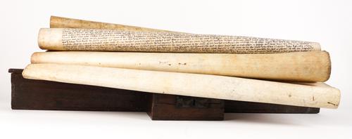 CHARLES I, King of England (1600-49, reign of) - An unusually large document in English on 10 vellum sheets probably relating to the Manor of Knoll or Knowle [?in Warwickshire], the first sheet with elaborate calligraphic initials, in old oak scroll box.