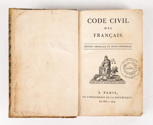 Code Civil des Français, Paris, 1804, 8vo, contemporary French calf-backed marbled boards. FIRST EDITION of the "Napoleonic Code".