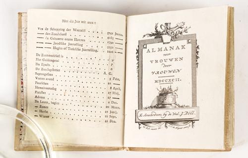 DOLL, Catharina (1750-1824). Almanak voor Vrouwen door Vrouwen, Amsterdam, [?1791], small square 8vo, title and 5 plates, bound in old silk boards with watercolour decorations, slipcase. The first in this series of "Almanacs for Women by Women".