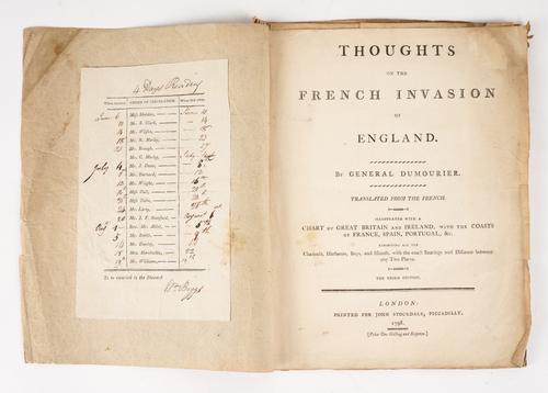 DUMOURIEZ, Charles François du Périer (1739-1823). Thoughts on the French Invasion of England ... Translated from the French ... The Third Edition, London, 1798, 4to, folding hand-coloured engraved chart, contemporary wrappers. VERY RARE.
