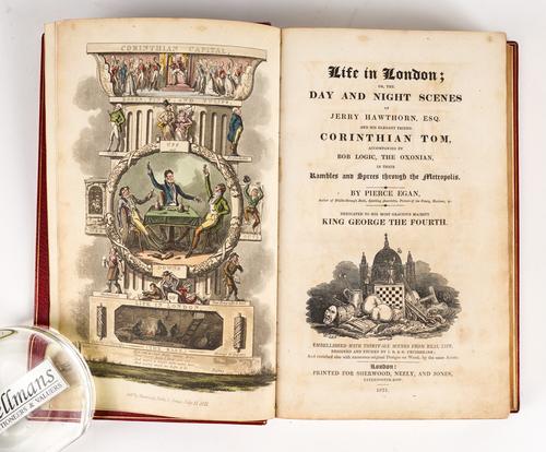EGAN, Pierce (1772-1849). Life in London, London, 1821, large 8vo, 36 hand-coloured aquatint plates, 3 folding leaves of music (some staining and spotting), FINELY BOUND in 20th-century scarlet crushed morocco gilt by Sangorski & Sutcliffe. FIRST EDITION.