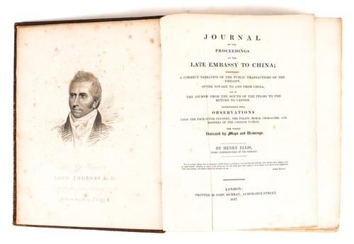 ELLIS, Henry (1788-1855). Journal of the Proceedings of the Late Embassy to China, London, 1817, 4to, 7 hand-coloured aquatint plates, 2 engraved maps only (lacks folding map), calf (worn). FIRST EDITION. With another related book (incomplete). (2)