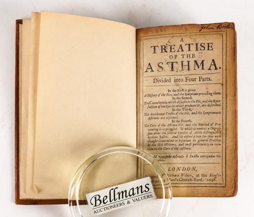 FLOYER, John (1649-1734). A Treatise of the Asthma, London, 1698, small 8vo, some leaves mis-bound [see full description], but all present, later calf. FIRST EDITION. RARE.