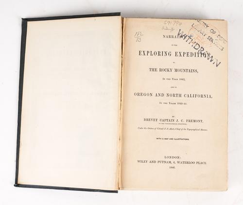FREMONT, J. C. (1813-90). Narrative of the Exploring Expedition to the Rocky Mountains, London, 1846, 8vo, 4 lithographed plates, folding map, original cloth decorated in blind. FIRST U.K. EDITION. With 3 related works in 5 vols. (6)