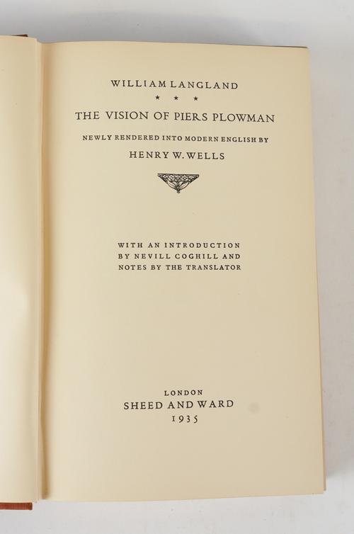 [CARTLAND, Ronald (1907-40)] - William LANGLAND. The Vision of Piers the Plowman, London, 1935, 8vo, original cloth. ASSOCIATION COPY, inscribed, "In memory of your friendship with my son Ronald, Mary Cartland, April 12, 1942."