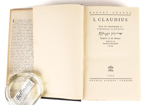 GRAVES, Robert (1895-1985). I, Claudius, London, 1934, 8vo, half title, folding genealogical table at the end, original black cloth, spine lettered in gilt, dust-jacket (a few short tears at head of backstrip, some chipping to corners). FIRST EDITION.
