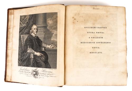 HARVEY, William (1578-1657). Opera omnia, London, 1766, 4to, engraved portrait, plate, contemporary calf gilt (rebacked). "The best collected edition of his works is that published by the College of Physicians, edited by Dr Lawrence, in 1766" (see DNB).
