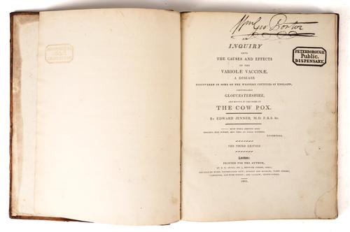 JENNER, Edward (1749-1823). An Inquiry into the Causes and Effects of the Variolæ Vaccinæ, London, 1801, 4to, 4 engraved hand-coloured plates, contemporary calf (rebacked). Third edition. With a facsimile of the 1798 edition and a related document. (3)