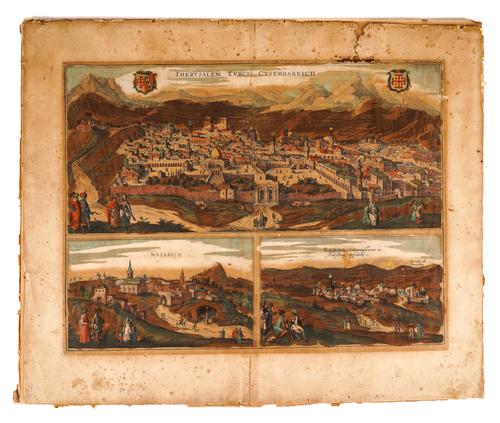 [JANSSON, Jan (1588-1664)]. Iherusalem turcis cusembareich. Nazareth. Ramma Antiquitissimum in Palestina oppidum. [Amsterdam: c.1650], hand-coloured engraved bird's eye views of Jerusalem, Nazareth and Ramma (heavily browned), 355 x 470mm., unframed.