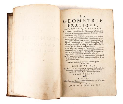 MALLET, Alain Manesson (1630-1706).  La Geometrie Pratique, Paris, 1702, 4 volumes, large 8vo, 2 engraved portraits and 493 engraved plates, contemporary calf (rubbed). Provenance: George Kenyon (armorial bookplate). FIRST EDITION. (4)