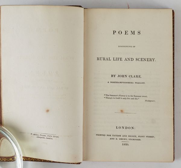 CLARE, John (1793-1864). Poems Descriptive of Rural Life and Scenery, London, 1820, 12mo, half title, attractively bound in contemporary straight-grained morocco gilt. FIRST EDITION.