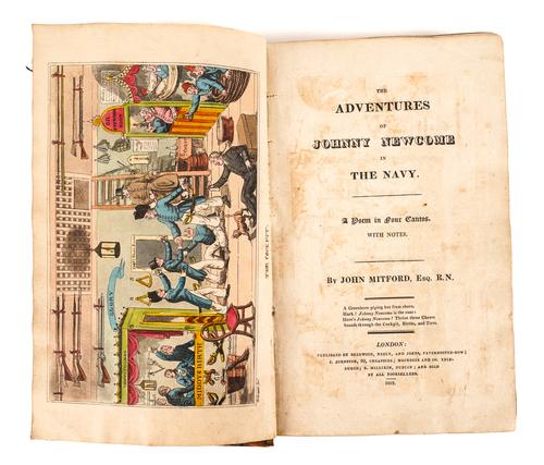 MITFORD, John (1782-1831). The Adventures of Johnny Newcome in The Navy, London, 1819, 8vo, 20 hand-coloured aquatint plates by Charles Williams (some spotting, staining and browning), contemporary diced calf gilt (rubbed). FIRST EDITION.