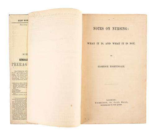 NIGHTINGALE, Florence (1820-1910). Notes on Nursing: What It Is, and What It Is Not, London, [1860], 8vo, table, original dark grey pebbled cloth gilt. FIRST EDITION, FIRST ISSUE. RARE.