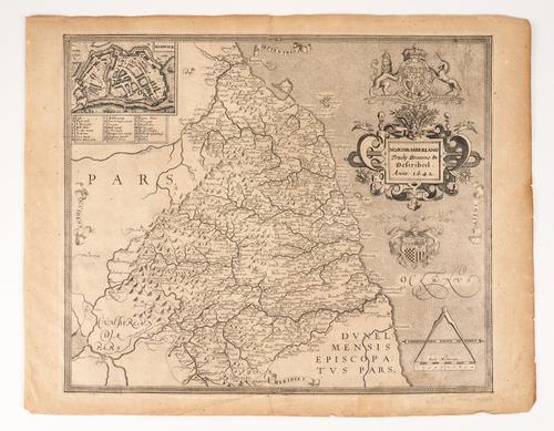 NORTHUMBERLAND - Christopher SAXTON (c.1540-c.1610) & [John SPEED (c.1551-1629)].  Northumberland Truely Drawne & Described. Anno: 1642. [London: William Web], 1642 [but 1645], engraved map, 380 x 460mm., unframed. RARE.