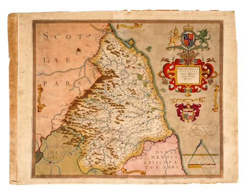NORTHUMBERLAND - Christopher SAXTON (c.1540-c.1610).  Northumbriæ comitatus, [London, 1579], hand-coloured engraved map, 382 x 460mm., unframed. The first printed map of Northumberland.
