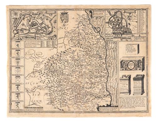 NORTHUMBERLAND - John SPEED (c.1551-1629).  Northumberland. London: John Sudbury and George Humble, 1610 [but 1616]. Engraved map, inset bird's-eye-views of "Barwick" [i.e. Berwick-upon-Tweed] and Newcastle, Latin text on verso, 385 x 510mm., unframed.
