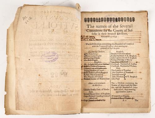 November 5th 1645. The County of Suffolke Divided into Fourteene Precincts for Classicall Presbyteries, London, 1647, 8vo, 10-pages, later wrappers. See provenance notes below.